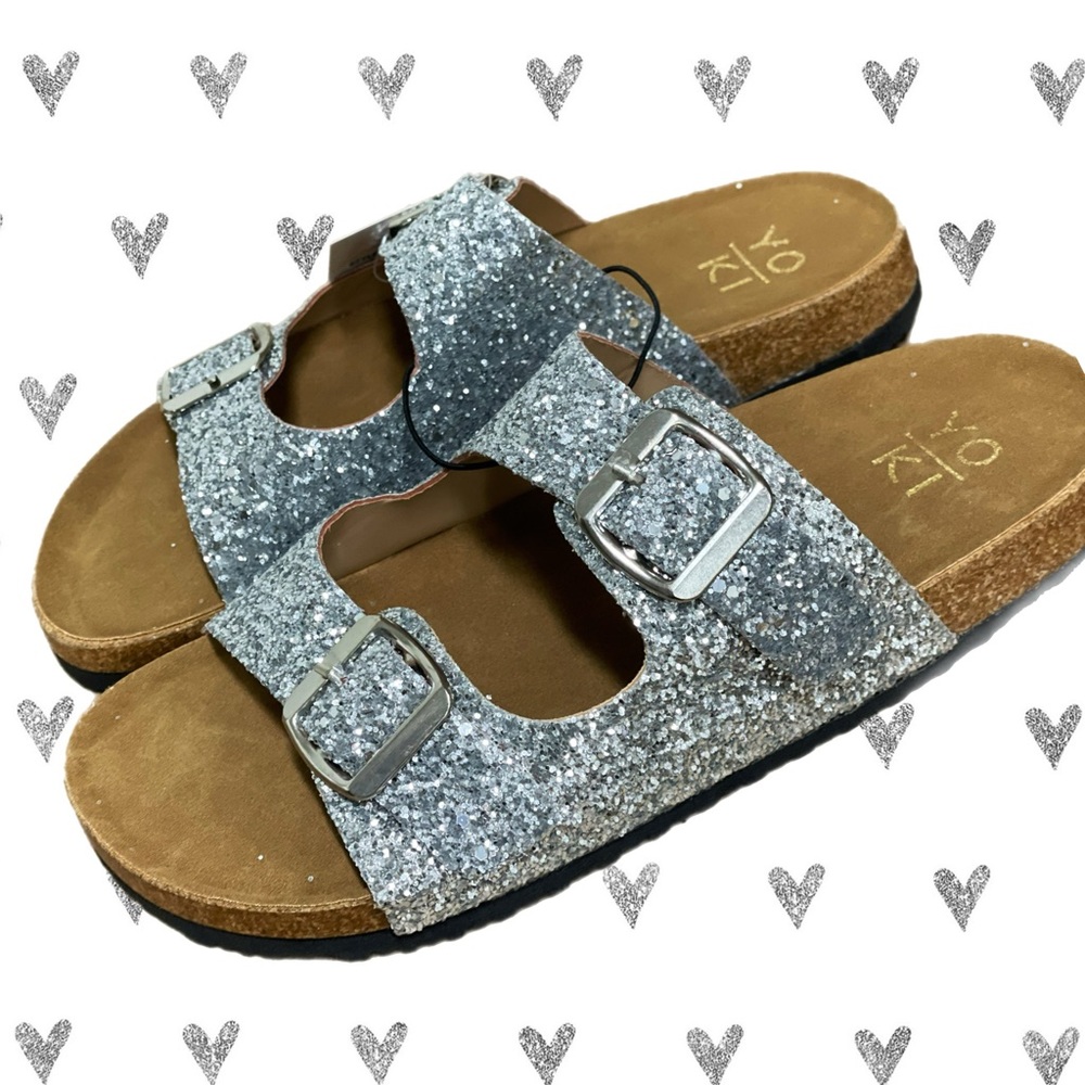 STROLL SEQUIN DOUBLE BUCKLE FLATS SLIDE SANDALS SILVER NWT! - Picture 3 of 11